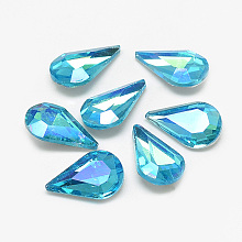 Honeyhandy Pointed Back Glass Rhinestone Cabochons, Back Plated, Faceted, AB Color Plated, teardrop, Deep Sky Blue, 13x8x4mm