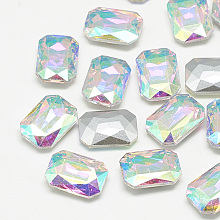 Honeyhandy Pointed Back Glass Rhinestone Cabochons, Faceted, Rectangle Octagon, Crystal AB, 14x10x4mm