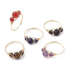 Honeyhandy Natural Mixed Gemstone Finger Rings, Light Gold Copper Wire Wrapped Ring, Inner Diameter: 18~19mm