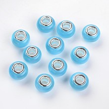 Honeyhandy Large Hole Rondelle Resin European Beads, with Silver Color Plated Brass Cores, Imitation Cat Eye, Light Sky Blue, 13.5~14x9mm, Hole: 5mm