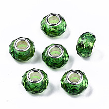 Honeyhandy Transparent Resin European Beads, Imitation Crystal, Large Hole Beads, with Silver Tone Brass Double Cores, Faceted, Rondelle, Lime Green, 14x9.5mm, Hole: 5mm