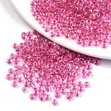 Honeyhandy 8/0 Glass Seed Beads, Inside Colours, Round Hole, Round, Transparent Colours Rainbow, Camellia, 8/0, 3~4x2~3mm, Hole: 0.8mm, about 15000pcs/bag