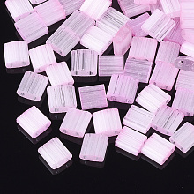 Honeyhandy 2-Hole Glass Seed Beads, Imitation Cat Eye, Rectangle, Pearl Pink, 5x4.5~5.5x2~2.5mm, Hole: 0.5~0.8mm