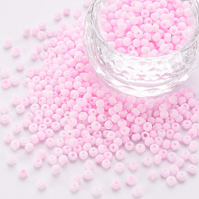 Honeyhandy 8/0 Opaque Glass Seed Beads, Round Hole, Frosted Colours, Round, Pearl Pink, 3~4x2~3mm, Hole: 0.8mm, about 15000pcs/Pound