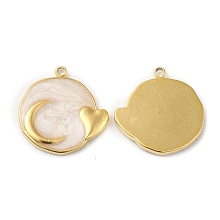 Honeyhandy Real 18K Gold Plated 304 Stainless Steel Pendants, with Enamel, Flat Round with Moon & Heart Charm, Cornsilk, 17.5x17x2mm, Hole: 1.4mm