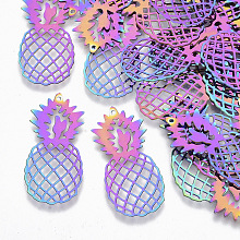 Honeyhandy Ion Plating(IP) 201 Stainless Steel Filigree Pendants, Etched Metal Embellishments, Pineapple, Rainbow Color, 35.5x16x0.3mm, Hole: 1mm