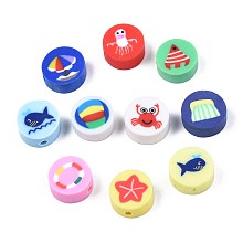 Honeyhandy Summer Style Handmade Polymer Clay Beads, Flat Round with Ocean Theme Patterns, Mixed Color, 9.5~10x4.5mm, Hole: 1.8mm