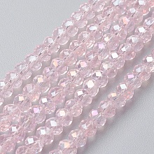 Honeyhandy Electroplate Glass Beads Strands, Full Rainbow Plated, Faceted, Rondelle, Pink, 4~4.5x3mm, Hole: 0.5mm, about 145~150pcs/strand, 18.1~19.7 inch(46~50cm)