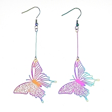 Honeyhandy 304 Stainless Steel Dangle Earrings, 201 Stainless Steel Filigree Pendants, Butterfly, Rainbow Color, 94mm, Pin: 0.7mm