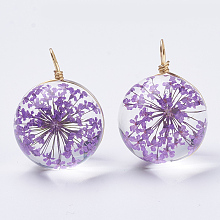 Honeyhandy Glass Pendants, with Dried Flower Inside & Brass Findings, Round, Golden, Medium Purple, 19x14mm, Hole: 2mm