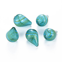 Honeyhandy Transparent Handmade Blown Glass Globe Beads, Stripe Pattern, Teardrop, Medium Turquoise, 28~29.5x18.5~19.5mm, Hole: 1.2~2.2mm