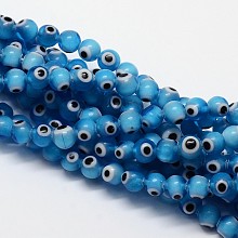 Handmade Evil Eye Lampwork Round Bead Strands, Dodger Blue, 8mm, Hole: 1mm, about 49pcs/strand, 14.17 inch