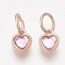 Honeyhandy Glass Pendants, with Alloy Findings, Faceted, Heart, Rose Gold, Pearl Pink, 11.5x8.5x4.5mm, Hole: 6.5mm