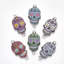 Nbeads Printed Alloy Links/Connectors, with Enamel, Skull, Platinum, Mixed Color, 25.5x13.5x2mm, Hole: 1.6mm