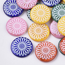 ARRICRAFT Spray Paint Freshwater Shell Beads, Printed, Flat Round with Daisy Flower, Mixed Color, 20x4mm, Hole: 0.8mm