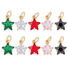 Arricraft 10Pcs 5 Colors Rack Plating Brass Micro Pave Cubic Zirconia Charms, with Jump Rings, Long-Lasting Plated, Cadmium Free & Lead Free, Star, Real 18K Gold Plated, Mixed Color, 10.5x8.5x6mm, jump rings: 5x0.9mm, Hole: 3.2mm, 2pcs/color