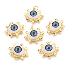 Honeyhandy Brass Acrylic Pendants, Real 18K Gold Plated, Evil Eye, Steel Blue, 17x20x7mm, Hole: 3.4mm