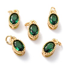 Honeyhandy Real 18K Gold Plated Brass Inlaid Cubic Zirconia Charms, with Jump Ring, Long-Lasting Plated, Oval, Green, 9.5x5x4mm, Jump Ring: 4x0.5mm, 2.5mm Inner Diameter