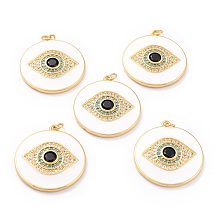 Honeyhandy Real 18K Gold Plated Brass Micro Pave Cubic Zirconia Pendants, with Jump Ring and Enamel, Long-Lasting Plated, Flat Round with Evil Eye, White, 33x30x4mm, Jump Ring: 5x1mm, 3mm Inner Diameter