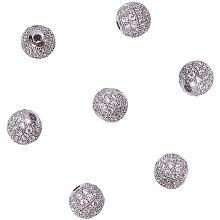 NBEADS 10 Pcs Platinum Cubic Zirconia Beads, 8mm Brass Clear Crystal CZ Stones Pave Micro Setting Disco Ball Spacer Beads Round Charm Beads for Jewelry Making