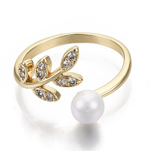 Honeyhandy Brass Micro Pave Clear Cubic Zirconia Cuff Finger Rings, Open Rings, with ABS Plastic Imitation Pearl Beads, Nickel Free, Leaf, Real 18K Gold Plated, Size 8, Inner Diameter: 18mm