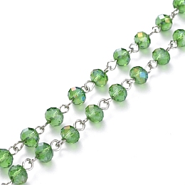 Honeyhandy Handmade Electroplate Glass Beaded Chains, with Platinum Plated Iron Eye Pin, Unwelded, Lime Green, 39.37 inch(100cm), Beads: 6x4.5mm