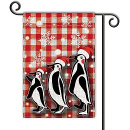 GLOBLELAND 12 x 18 Inch Winter Penguin Garden Flags Vertical Double Sided Red and White Grid Flag for Lawn House Outdoor Decoration