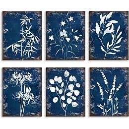 SUPERDANT Blue Ink Botanical Fern Eucalyptus Foliage Prints 8x10 Set of 6 UNFRAMED Watercolor Indigo Navy Leaf Wall Art Canvas Posters Painting for Home Office Decor