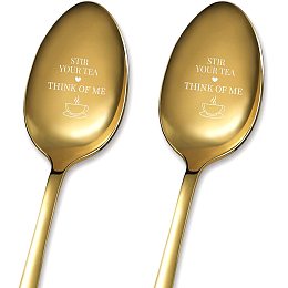 GLOBLELAND 2Pcs Stir Your Tea Think of Me Spoon with Gift Box Golden Stainless Steel Table Spoons for Friends Families Festival Christmas Birthday Wedding, 7.2''