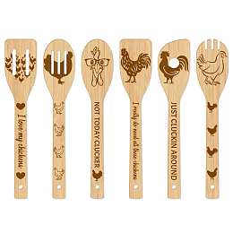 GLOBLELAND 6Pcs Bamboo Spoons & Knifes & Forks, Flatware for Dessert, Rooster Pattern, 60x300mm, 6 style, 1pc/style, 6pcs/set