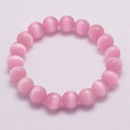 Honeyhandy Cat Eye Beads Stretch Bracelets, Round, Pink, 1-7/8 inch(47mm)