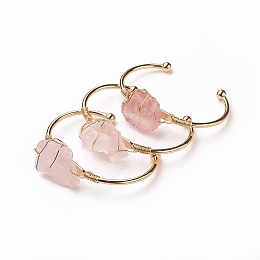 Honeyhandy Long-Lasting Plated Brass Cuff Bangles, with Natural Rose Quartz, Nuggets, Golden, 1-3/8 inchx2-3/8 inch(3.8x6cm), 2.8mm