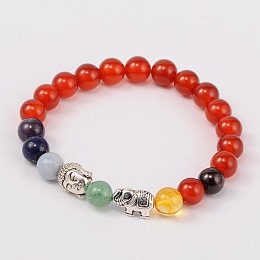 Honeyhandy Stretch Buddhist Jewelry Multi-Color Gemstone Chakra Bracelets, with Tibetan Style Beads, Antique Silver, Red Agate, 55mm