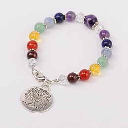 Honeyhandy Multi-Color Gemstone Chakra Charm Bracelets, with Tibetan Style Tree of Life Pendant, Glass Beads, Tibetan Style Spacers and Brass Lobster Claw Clasps, Antique Silver, Amethyst, 195mm