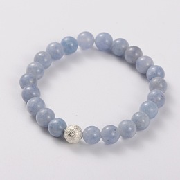 Honeyhandy Natural Quartz(Dyed) Stretch Bracelets, Imitation Aquamarine, with Brass Textured Beads, Silver Color Plated, 49mm