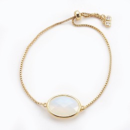 Honeyhandy Adjustable Brass Bolo Bracelets, Slider Bracelets, with Opalite Link and Cubic Zirconia, Oval, Golden, 9-3/8 inch(23.9cm), 1mm