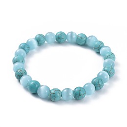 Honeyhandy Synthetic Turquoise Stretch Bracelets, with Cat Eye Round Beads, 2-3/8 inch(6cm)