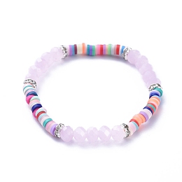 Honeyhandy Kids Stretch Bracelets, with Polymer Clay Heishi Beads, Faceted Glass Beads and Brass Rhinestone Beads, Misty Rose, Inner Diameter: 1-7/8 inch(4.7cm)