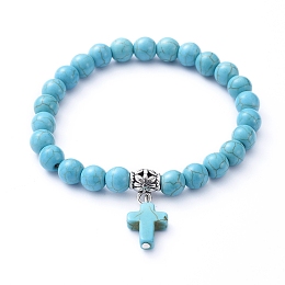 Honeyhandy Stretch Charm Bracelets, with Synthetic Turquoise Beads, Tibetan Style Alloy Tube Bails, Cross, Dark Turquoise, Inner Diameter: 2-1/8 inch(5.4cm)