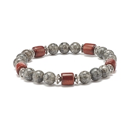 Honeyhandy Natural Sesame Jasper Beaded Stretch Bracelet for Women or Men, Wood & Alloy Beads Bracelets, Inner Diameter: 2-1/8 inch(5.5cm)