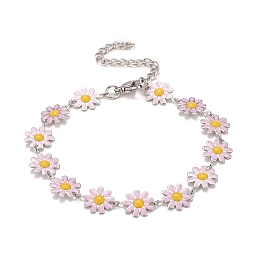 Honeyhandy Enamel Daisy Link Chains Bracelet, 304 Stainless Steel Jewelry for Women, Stainless Steel Color, Pink, 7-1/4 inch(18.4cm)