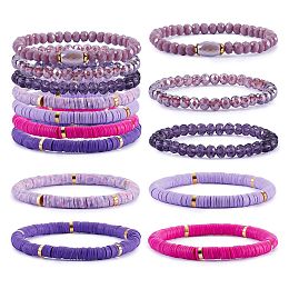 Honeyhandy 7Pcs 7 Style Handmade Polymer Clay Heishi Surfer Stretch Bracelets Set, Glass Beads Stackable Bracelets, Preppy Jewelry for Women, Purple, Inner Diameter: 2-1/8 inch(5.3cm), 1Pc/style