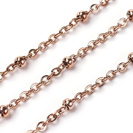 Honeyhandy Ion Plating(IP) 304 Stainless Steel Cable Chains, Satellite Chains, with Round Beads, Soldered, with Spool, Flat Oval, Rose Gold, 3x1.9x0.5mm, about 32.8 Feet(10m)/roll