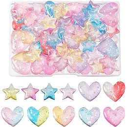 AHANDMAKER 60 Pcs Transparent Resin Cabochons, Heart and Star Shape Charms Flat Back Beads Gradient Color with Glitter Pendants for DIY Craft Scrapbooking Phone Embellishments Jewelry Making