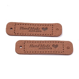 Honeyhandy PU Leather Label Tags, Handmade Embossed Tag, with Holes, for DIY Jeans, Bags, Shoes, Hat Accessories, Rectangle with Word Handmade, Sienna, 55x15x1.2mm, Hole: 2mm