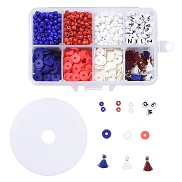 ARRICRAFT 4 July American Independence Day Jewelry Making Kits, include 3 Colors 4mm Seed Beads, 8mm Polymer Clay Heishi Beads, Letter Beads, Polycotton Tassel, Elastic Crystal Thread, for DIY Bracelets Earring, Beads: 1110pcs/Box