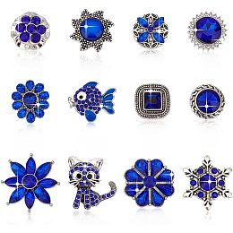 PandaHall Elite 12pcs Rhinestones Snaps Charms, Blue Jewelry Snaps Buttons Alloy Flower Shape Snaps Mixed Snap Jewelry Accessories for Bracelets Necklaces Rings Brooch Making, 18-32mm