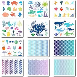 GORGECRAFT 12 Styles Sea Animals Stencils 20 * 25cm Turtle Seahorse Seaweed Octopus Shark Crab Wave Template Large Animal Templates Reusable Sign Square Stencil for Painting on Wood Wall Scrapbook