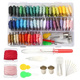 Honeyhandy 50 Colors Polyester Embroidery Threads Kits, with 2Pcs Iron Thread Guide Tool, 10Pcs Steel Sewing Needles, 2Pcs Thimble, 1Pc Seam Ripper, Mixed Color, 45x50mm, about 8.74 yards(8m)/card