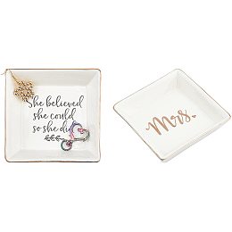 FINGERINSPIRE 2 Pcs Porcelain Jewelry Plate with Golden Rim & Mixed Styles (So She Did & Mis.) 4 x 4 Inch Ceramic Ring Dish Decorative Trinket Plate Jewelry Tray Display Organizer for Birthday Gift